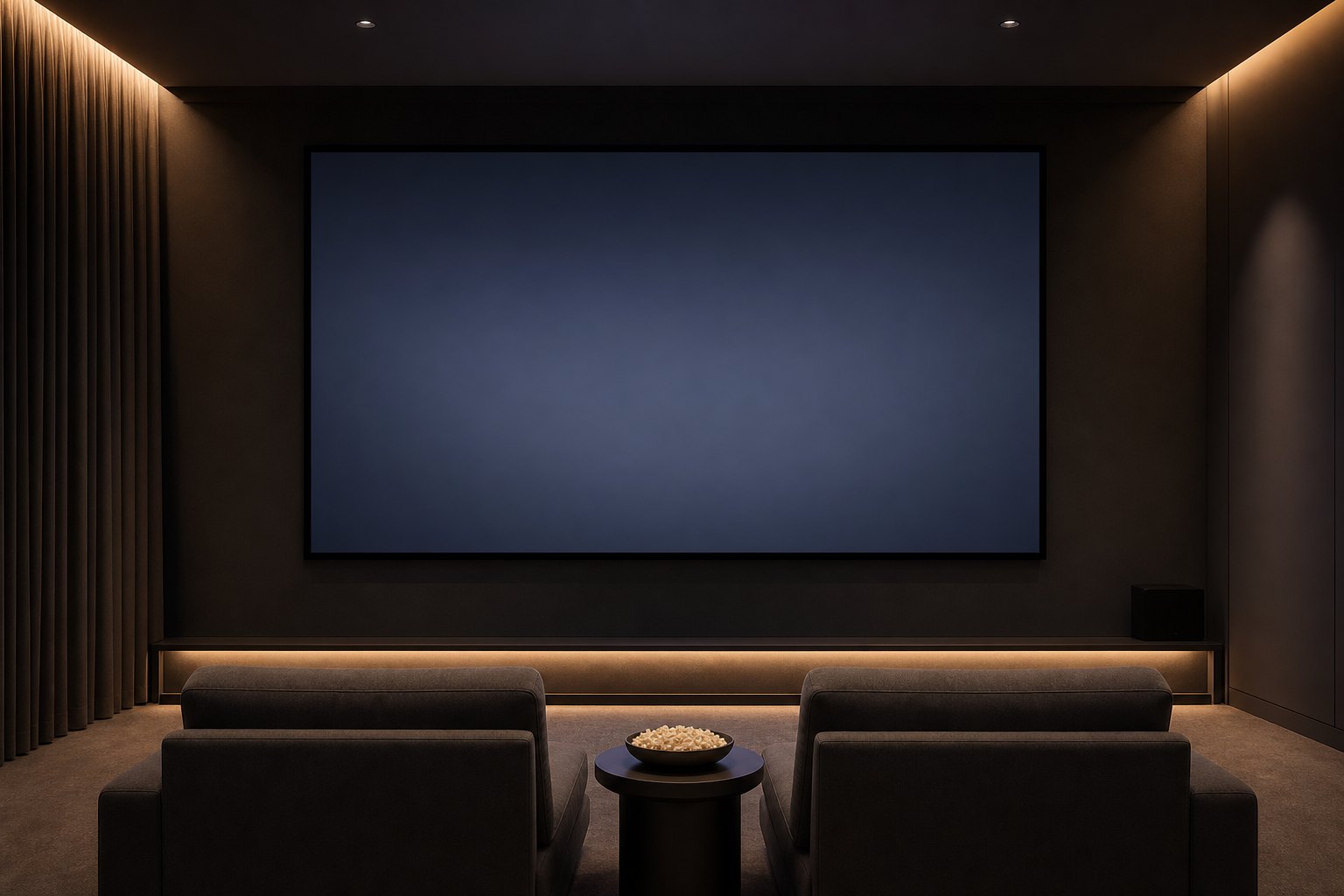 Dark home cinema room with a large thin-bezel fixed-frame projection screen above two lounge chairs