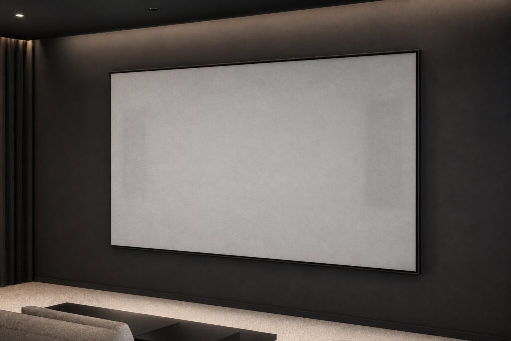 Acoustically transparent projection screen in a thin frame on the dark wall of a home cinema room