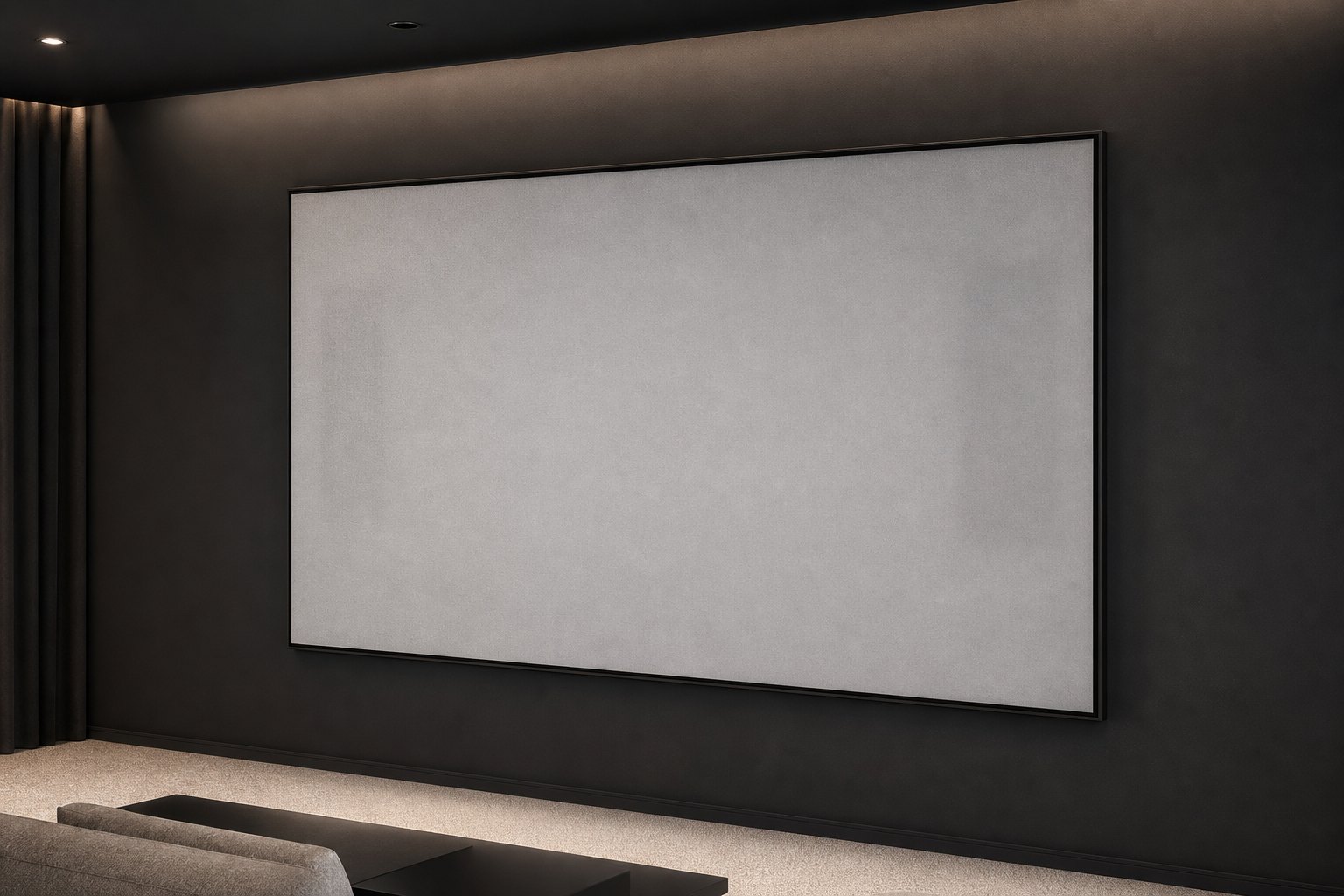 Acoustically transparent projection screen in a thin frame on the dark wall of a home cinema room
