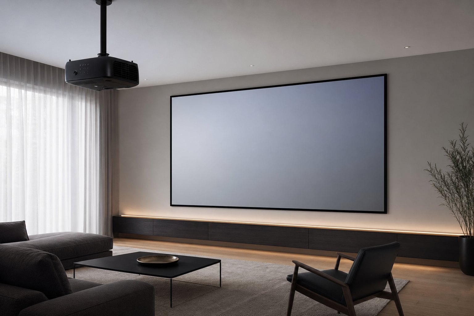 Ceiling-mounted projector aimed at a large fixed-frame projection screen in a minimalist living room, illustrating throw distance