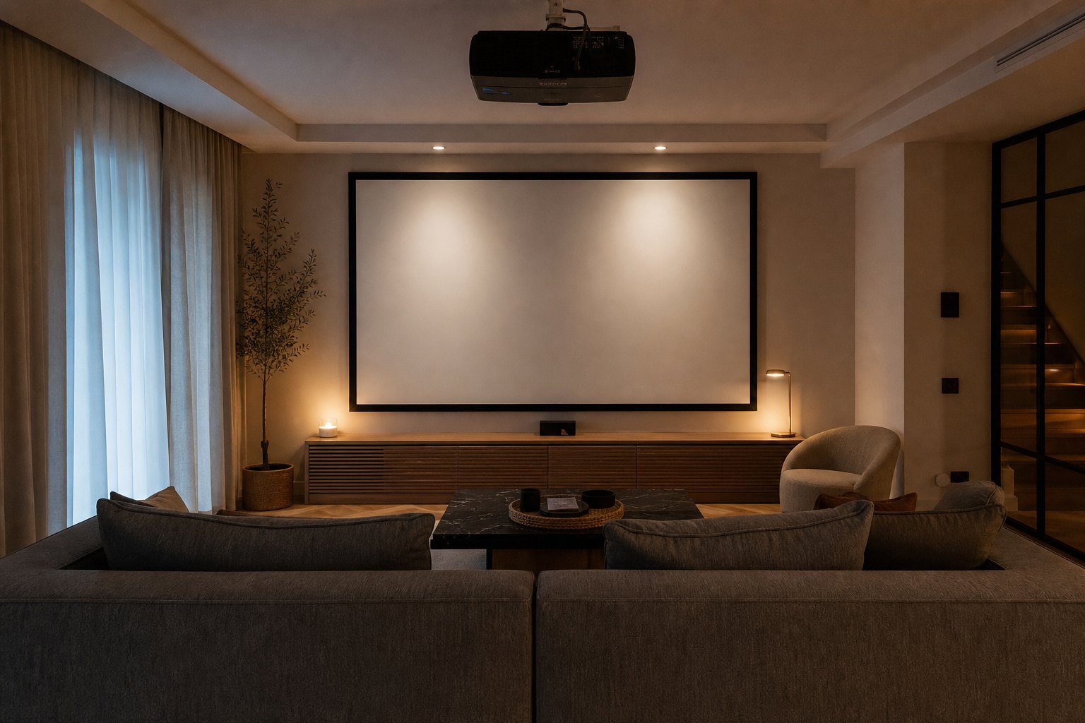 Fixed-frame projection screen on the wall of a living room with a ceiling-mounted projector and sofa seating